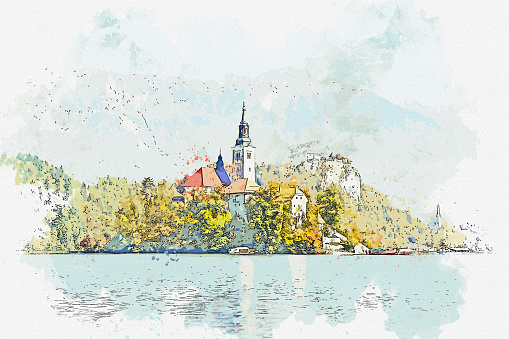 Watercolor drawing picture landscape view of Lake bled famous landmark at Slovenia