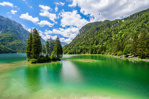 Lago del Predil, a mountain lake located in the Julian Alps, in the Friuli-Venezia Giulia region
