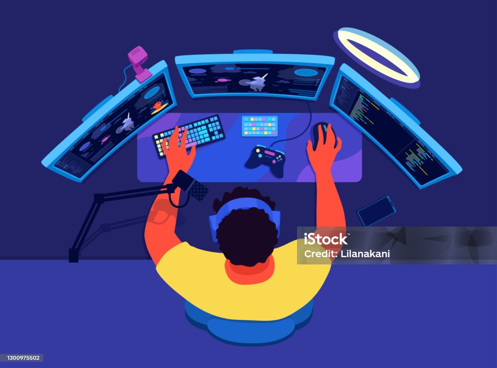 Video Game Streamer Broadcasting Pc Gaming Broadcast A Live Streamer A  Gamer Man With A Microphone Three Displays Headphones A View From Above On  A Desktop Stock Illustration - Download Image Now -