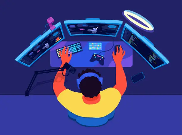 Vector illustration of Video game streamer broadcasting. PC gaming broadcast. A live streamer, a gamer man with a microphone, three displays, headphones. A view from above on a desktop.