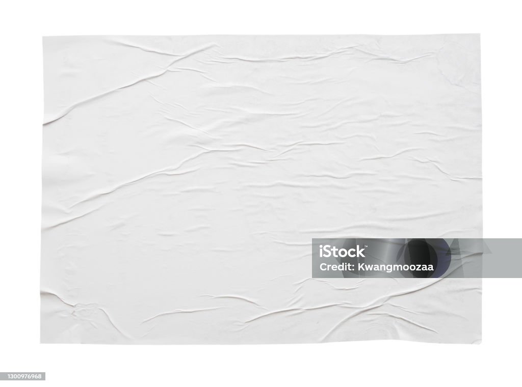 Beyaz arka planda izole edilmiş boş beyaz buruşturulmuş ve buruşturulmuş etiket kağıdı poster dokusu - Royalty-free Kağıt Stok görsel