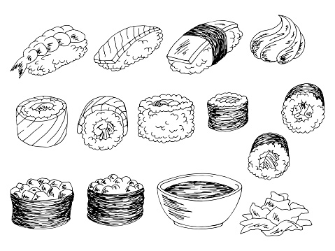 Sushi Set Graphic Black White Isolated Food Sketch Illustration Vector ...
