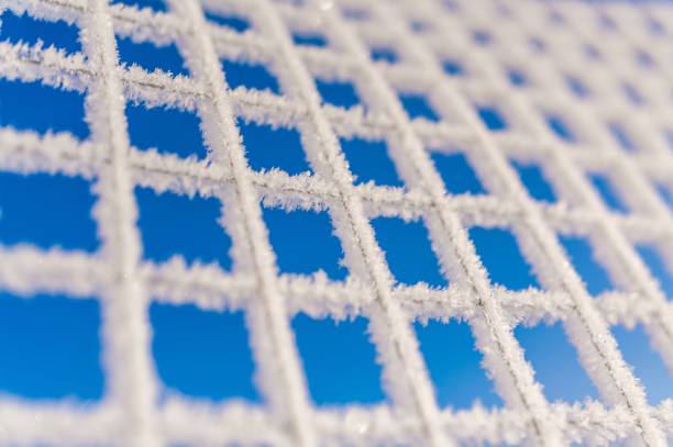 Winter background chain-link mesh fence covered with a continuous layer of white frost, with beautiful crystals of snowflakes, against the blue sky, edges blurry, bottom view