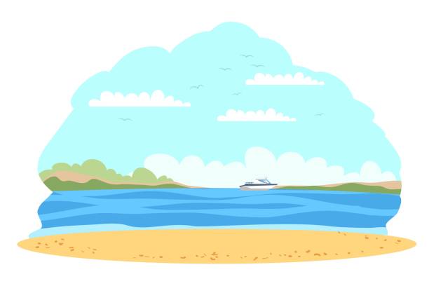 strandküste landschaft mit flusshintergrund. sand, see mit motorbootfahren und blauer himmel mit vögeln in der natur. land-szene-ansicht auf sommerurlaub vektor-illustration. horizontales panorama - lake coastline blue nautical vessel stock-grafiken, -clipart, -cartoons und -symbole