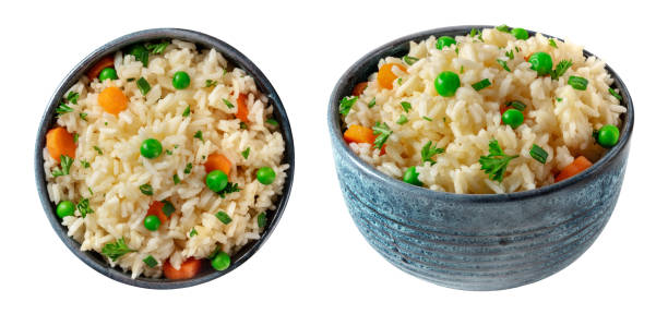 arroz com legumes, isolado em um fundo branco, um conjunto de tigelas - clipping path rice white rice basmati rice - fotografias e filmes do acervo