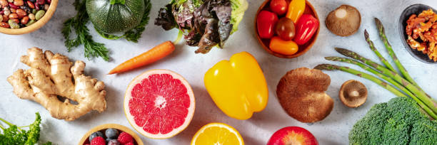 istock Vegan food panorama, overhead flat lay shot 1300980453