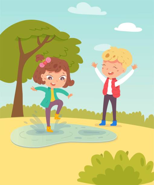 Happy kids in spring. Children in warm weather having fun outdoor vector illustration. Girl jumping in boots in puddle, boy laughing with arms up in park. Tree and blue sky background Happy kids in spring. Children in warm weather having fun outdoor vector illustration. Girl jumping in boots in puddle, boy laughing with arms up in park. Tree and blue sky background. melting girl stock illustrations