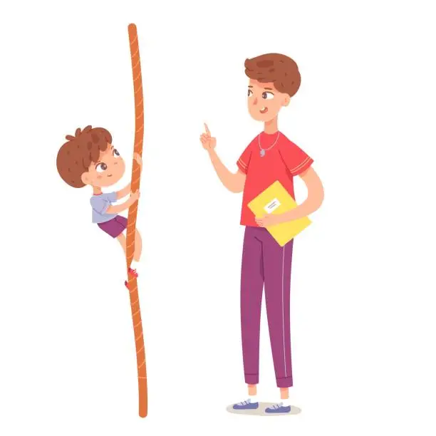 Vector illustration of Kid climbing on rope in physical education class at school. Child with teacher doing exercise on tightrope in PE vector illustration. Boy hanging, coach instructing on white background