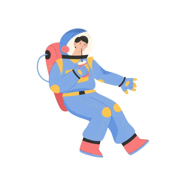 Vector illustration of Male astronaut drinking soda and flying in zero gravity