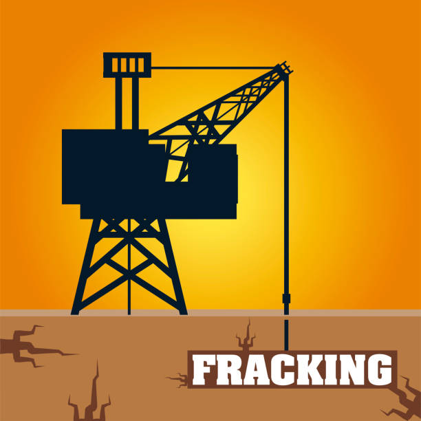 illustrazioni stock, clip art, cartoni animati e icone di tendenza di torre di fracking con cabina e trapano ad olio sotterraneo - fracking exploration gasoline industry