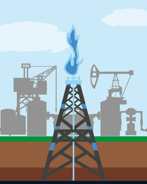 fracking tower gas and oil rig industry exploration fracking tower gas and oil rig industry exploration vector illustration natural gas extraction stock illustrations