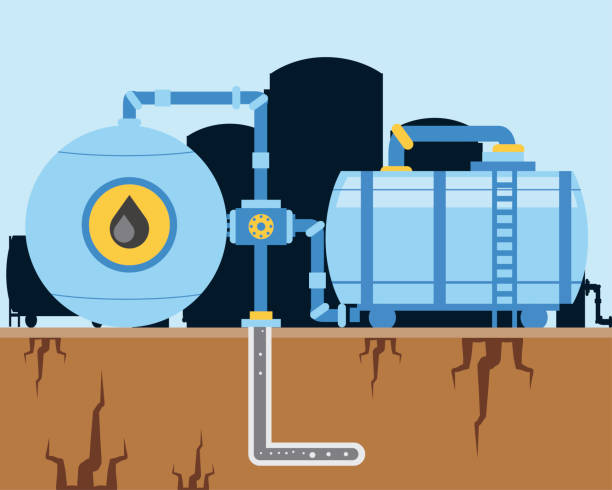 illustrazioni stock, clip art, cartoni animati e icone di tendenza di fracking industria petrolifera pompa macchine e esplorazione oleodotto - fracking exploration gasoline industry