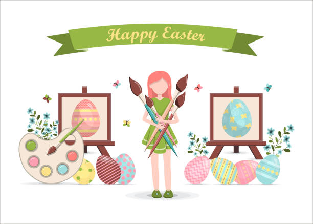 ilustrações de stock, clip art, desenhos animados e ícones de cartoon little girl with brushes in her hands. vector illustration with a happy easter wish. flat design featuring eggs, butterflies, flowers, easel, palette, paint and rainbows. a bright, cute illustration for a spring christian holiday. - rainbow preschooler baby child