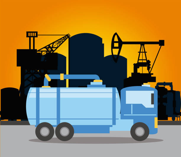 illustrazioni stock, clip art, cartoni animati e icone di tendenza di fracking serbatoio camion piattaforma petrolifera e oleodotto - fracking exploration gasoline industry