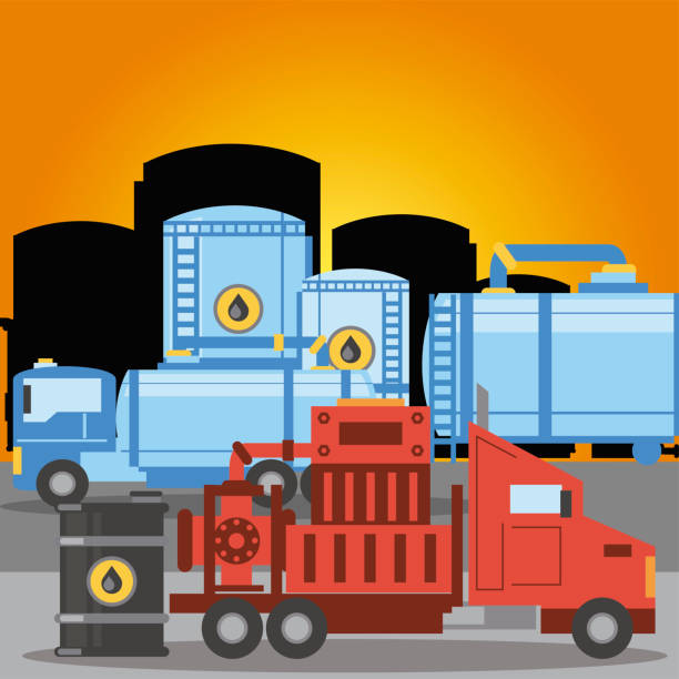 illustrazioni stock, clip art, cartoni animati e icone di tendenza di fracking camion trasporto oleodotto serbatoio e barile di petrolio - fracking exploration gasoline industry