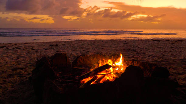 istock CLOSE UP: Small fire burns inside a fireplace on the sandy beach at sunset. 1300982290