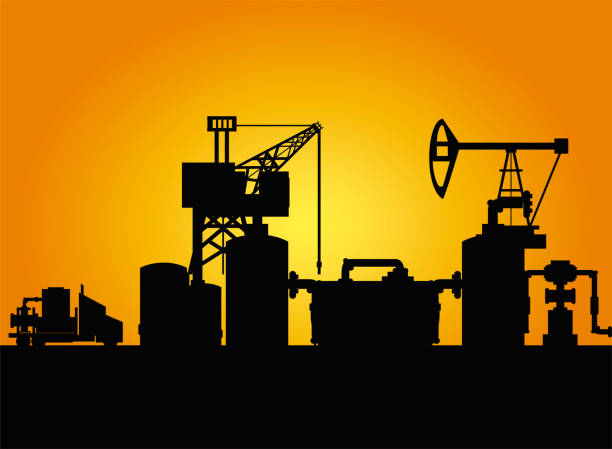 темный силуэт буровой установки и насоса гидроразрыва пласта - fracking exploration gasoline industry stock illustrations