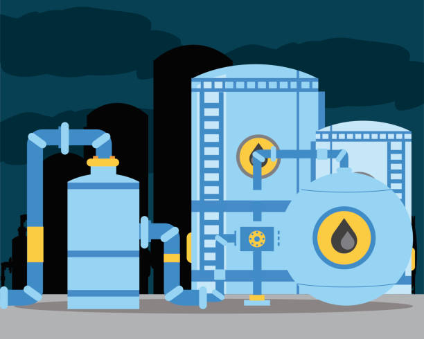 illustrazioni stock, clip art, cartoni animati e icone di tendenza di fracking serbatoi di petrolio oleodotto stoccaggio oleodotto nel settore raffineria - fracking exploration gasoline industry