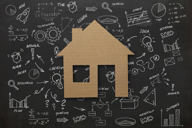house real estate buy mortgage insurance blackboard - savings finance education mortgage imagens e fotografias de stock