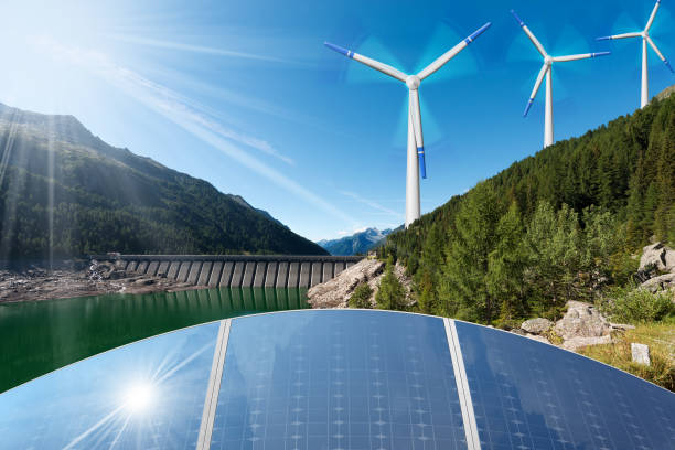 재생 가능 에너지 개념 - 풍력 터빈 태양전지 패널 및 수력 발전 - reservoir ecology 뉴스 사진 이미지