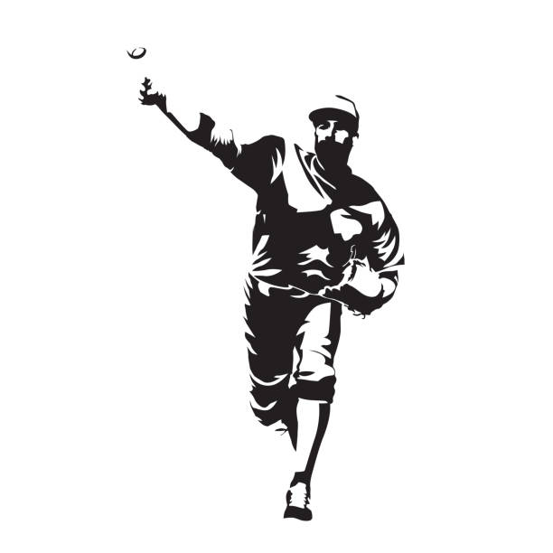 ilustrações de stock, clip art, desenhos animados e ícones de pitcher throwing ball, baseball player, abstract vector silhouette - baseball silhouette pitcher playing