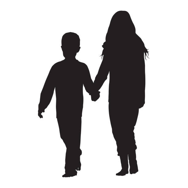 мальчик и маленькая девочка, держась за руки и идя вперед вместе, силуэт вектора детства - silhouette back lit little boys child stock illustrations