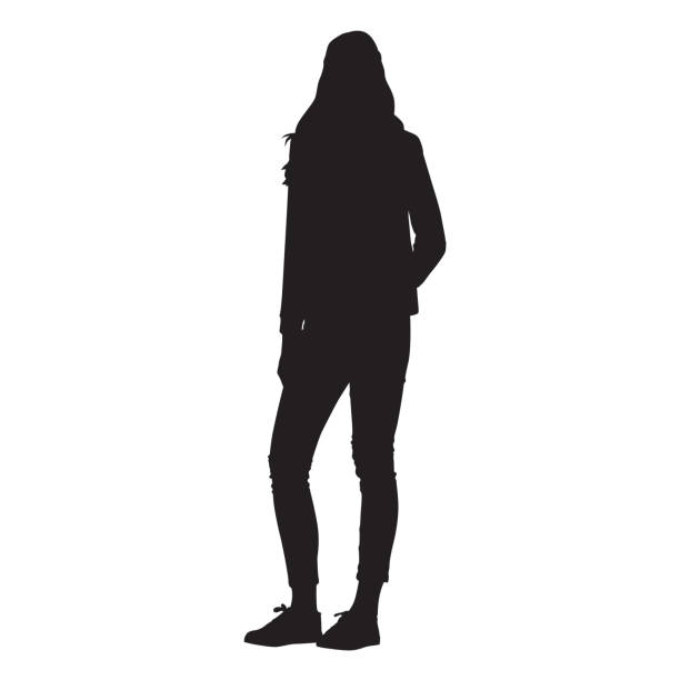 wanita tinggi langsing berdiri, siluet vektor terisolasi - pakaian kasual ilustrasi stok