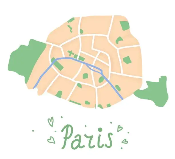 Vector illustration of Cartoon flat map of the center of the  Paris. Seine river is blue, Bois de Boulogne and Bois de Vincennes are green. Funny cute European city map. Vector illustration.