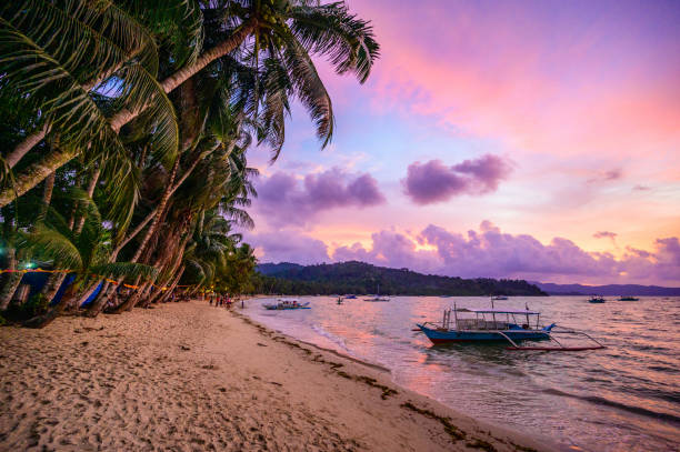 Port Barton Beach at sunset on paradise island, tropical travel destination - Port Barton, San Vicente, Palawan, Philippines. Port Barton Beach at sunset on paradise island, tropical travel destination - Port Barton, San Vicente, Palawan, Philippines. el nido photos stock pictures, royalty-free photos & images