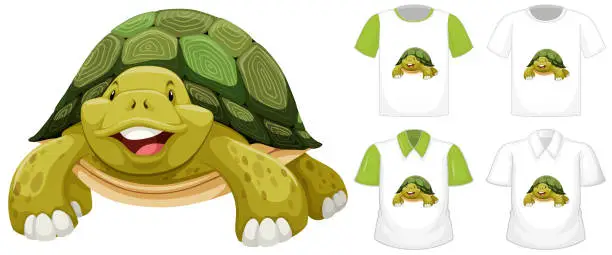 Vector illustration of Set of different shirts with turtle cartoon character isolated on white background