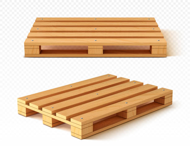 Wooden pallet front and angle view. Wood trays Wooden pallet front and angle view. Wood trays for cargo loading and transportation. Freight delivery, warehousing service equipment isolated on transparent background Realistic 3d vector illustration pallet stock illustrations