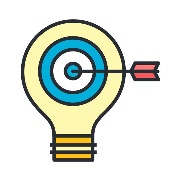 ilustraciones, imágenes clip art, dibujos animados e iconos de stock de bombilla con icono de flecha de destino. apunta al símbolo de la idea creativa. - light bulb led evolution development