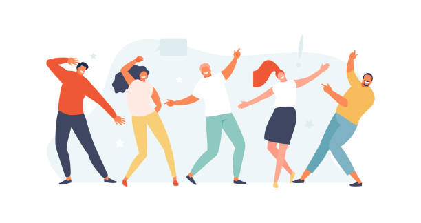 Joyful dancing group of people Happy dancing people. Party, celebration, successful business project Vector illustration dancing stock illustrations