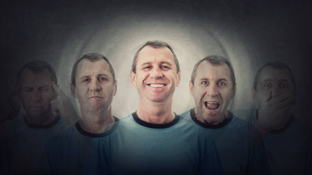 Middle age man suffer split emotions into different inner personalities. Multipolar mental health disorder concept. Schizophrenia psychiatric disease. Adult male dementia reactions mood change. Middle age man suffer split emotions into different inner personalities. Multipolar mental health disorder concept. Schizophrenia psychiatric disease. Adult male dementia reactions mood change. janus head stock pictures, royalty-free photos & images