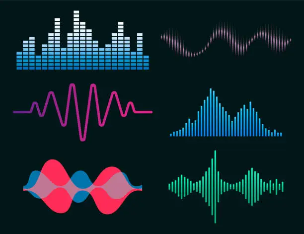 Vector illustration of Frequency audio waveform, music wave HUD interface elements, voice graph signal. Vector audio electronic color wave set. Vector illustration.