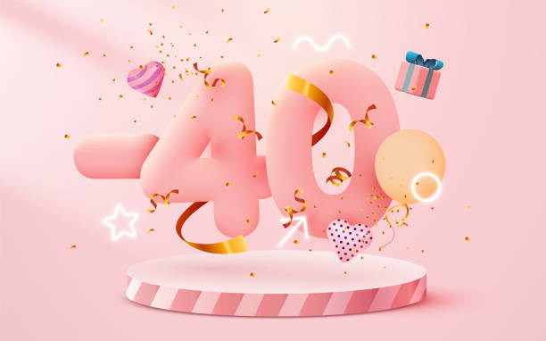 istock 40 percent Off. Discount creative composition. 3d sale symbol with decorative objects, heart shaped balloons, golden confetti, podium and gift box. Sale banner and poster. 1300993644