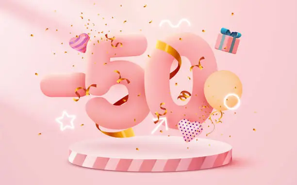 Vector illustration of 50 percent Off. Discount creative composition. 3d sale symbol with decorative objects, heart shaped balloons, golden confetti, podium and gift box. Sale banner and poster.