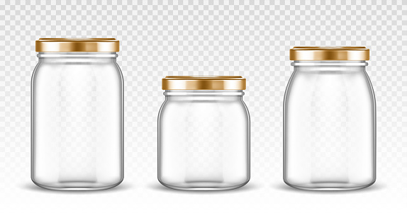 Empty glass jars different shapes with gold lids isolated on transparent background. Vector realistic mockup of empty clear bottles with screw cap for jam, canning and preserve food