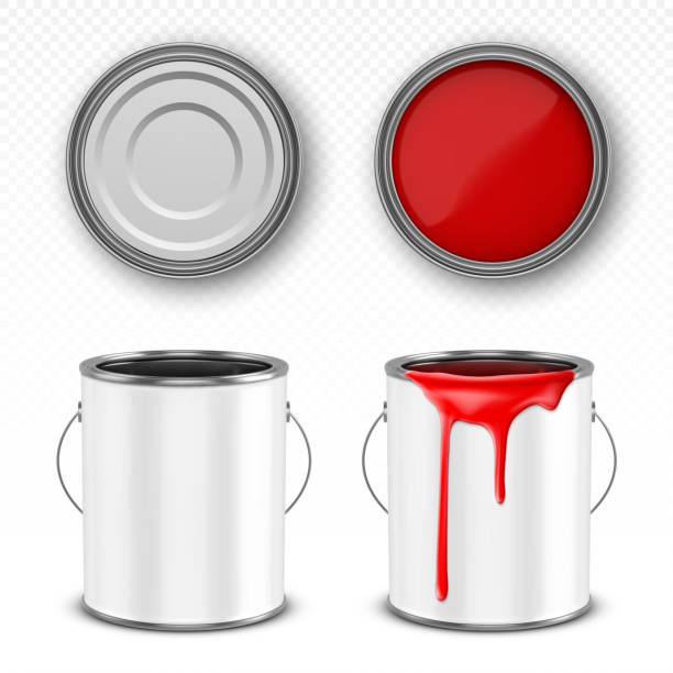 Red paint bucket, steel can with paint drips Paint metal bucket, tin can with red ink in front, top and bottom view. Vector realistic 3d mockup of blank steel container with handle and paint drips isolated on transparent background can bottom stock illustrations