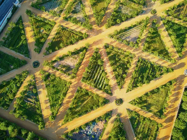Scenic aerial view of beautiful ornamental garden in La Roche-Guyon, one of the most beautiful villages in France