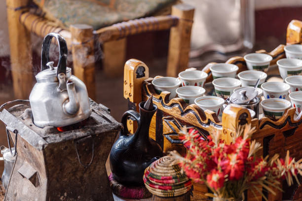 place with cups of ethiopian coffee - travel ethiopia imagens e fotografias de stock