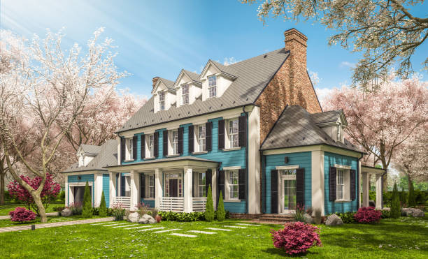 istock 3d rendering of modern classic house in colonial style in spring day 1301000559