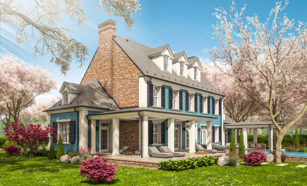 istock 3d rendering of modern classic house in colonial style in spring day 1301000580