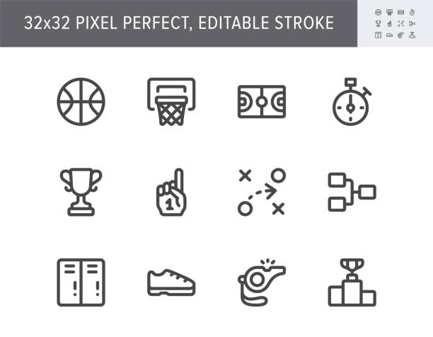 Basketball sport simple line icons. Vector illustration with minimal icon - court, whistle, goblet, foam finger, game strategy, podium, tournament grid pictogram. 32x32 Pixel Perfect Editable Stroke Basketball sport simple line icons. Vector illustration with minimal icon - court, whistle, goblet, foam finger, game strategy, podium, tournament grid pictogram. 32x32 Pixel Perfect Editable Stroke. basketball sport stock illustrations