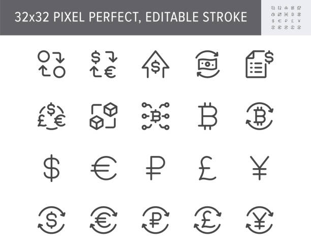 ilustrações de stock, clip art, desenhos animados e ícones de finance currency exchange simple line icons. vector illustration with minimal icon - euro, dollar, transfer, invoice, pound, sterling, cryptocurrency pictogram. 32x32 pixel perfect editable stroke - pound symbol british currency currency sign