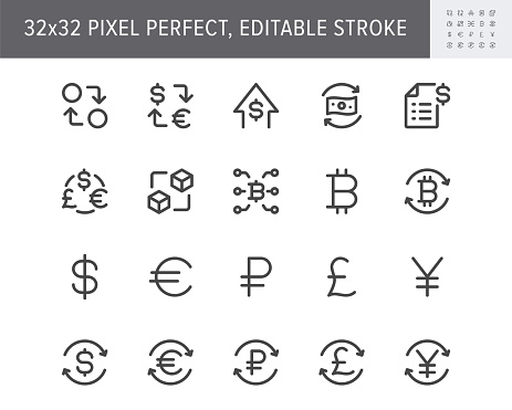 Finance currency exchange simple line icons. Vector illustration with minimal icon - euro, dollar, transfer, invoice, pound, sterling, cryptocurrency pictogram. 32x32 Pixel Perfect Editable Stroke.
