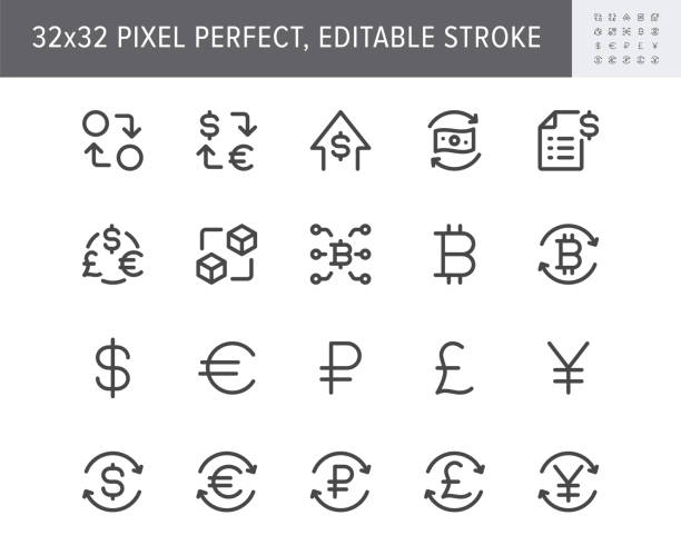 Finance currency exchange simple line icons. Vector illustration with minimal icon - euro, dollar, transfer, invoice, pound, sterling, cryptocurrency pictogram. 32x32 Pixel Perfect Editable Stroke Finance currency exchange simple line icons. Vector illustration with minimal icon - euro, dollar, transfer, invoice, pound, sterling, cryptocurrency pictogram. 32x32 Pixel Perfect Editable Stroke. pound symbol stock illustrations