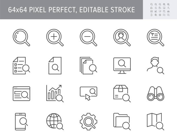 Search simple line icons. Vector illustration with minimal icon - lupe, analysis, spyglass lens, loupe, gear, hr, globe, folder, magnifier, binoculars pictogram. 64x64 Pixel Perfect Editable Stroke Search simple line icons. Vector illustration with minimal icon - lupe, analysis, spyglass lens, loupe, gear, hr, globe, folder, magnifier, binoculars pictogram. 64x64 Pixel Perfect Editable Stroke. exploration stock illustrations
