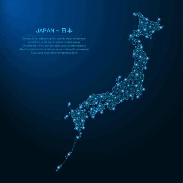 mapa japonii wykonana przez punkty i linie, wielokątna siatka szkieletowa. - japan digital map stock illustrations