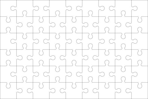 Puzzles blank template with linked rectangle grid. Jigsaw puzzle 9x6 size with 54 pieces. Puzzles blank template with linked rectangle grid. Jigsaw puzzle 9x6 size with 54 pieces. Mosaic background for thinking game with join details. Vector illustration. jigsaw puzzle stock illustrations